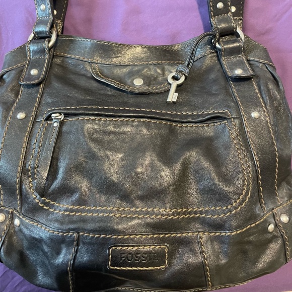 Fossil Handbags - Fossil dark brown leather over shoulder hobo bag.